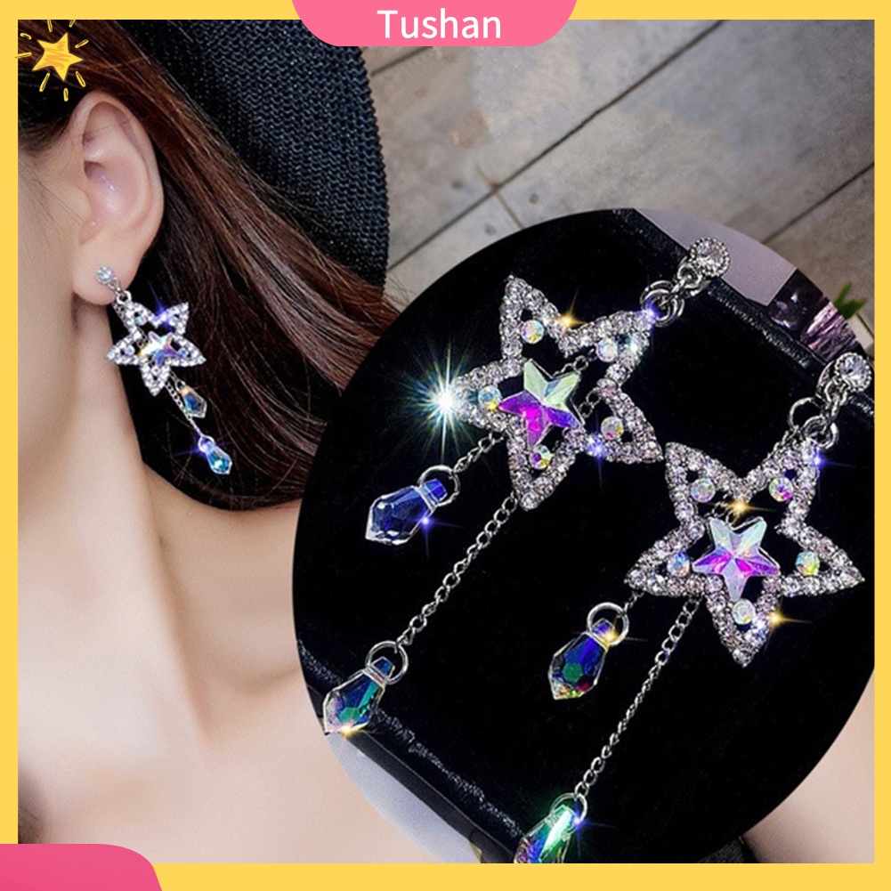 TUSH_Party Women Shiny Rhinestone Inlaid Star Long Tassel Drop Dangle Stud Earrings