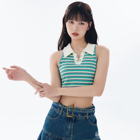 【ZHELIHANGFEI】Áo Sweater Sát Nách Cổ POLO Lưng Cao Kẻ Sọc Thiết Kế Quyến Rũ Cá Tính