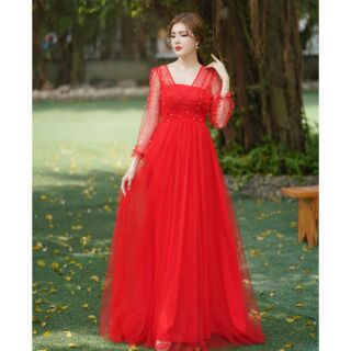 (free chỉnh sửa váy) Đầm dạ hội đỏ kết cườm tay dài váy xòe, đầm công chúa đi tiệc đầm cô dâu đơn giản chụp ảnh cưới