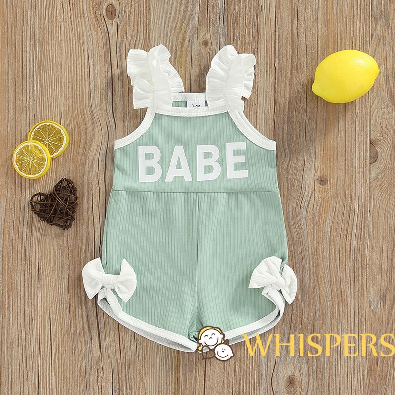 WHISPERS-Baby Girls Romper Ruffle Shoulder Straps Lettering Elastic Rib Surface Bow Decor One Piece