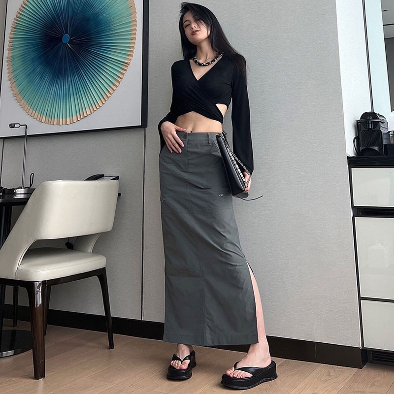 Chân Váy Dài Màu Sắc Trơn Xẻ Tà Phong Cách Đường Phố Thời Trang Cho Nữ