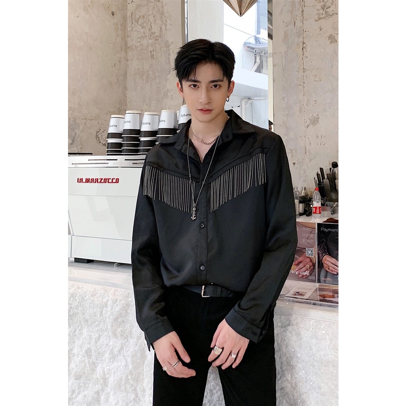 Áo Sơ Mi Lụa Satin Cao Cấp Đính Tua Rua Kim Loại Thời Trang Mới Cho Nam