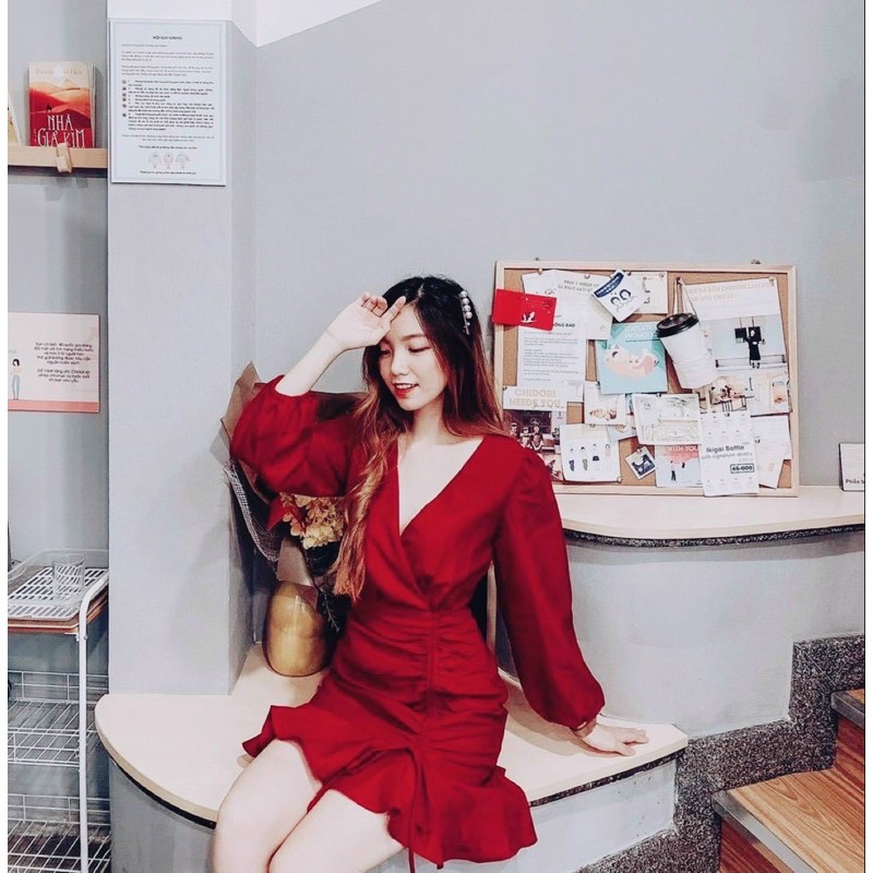 Đầm váy dự tiệc tay dài rút dây 2 màu