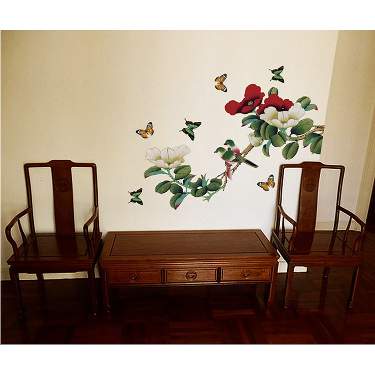 Decal trang trí tường Cành Hoa Hồng Đỏ Trắng Cổ Điển