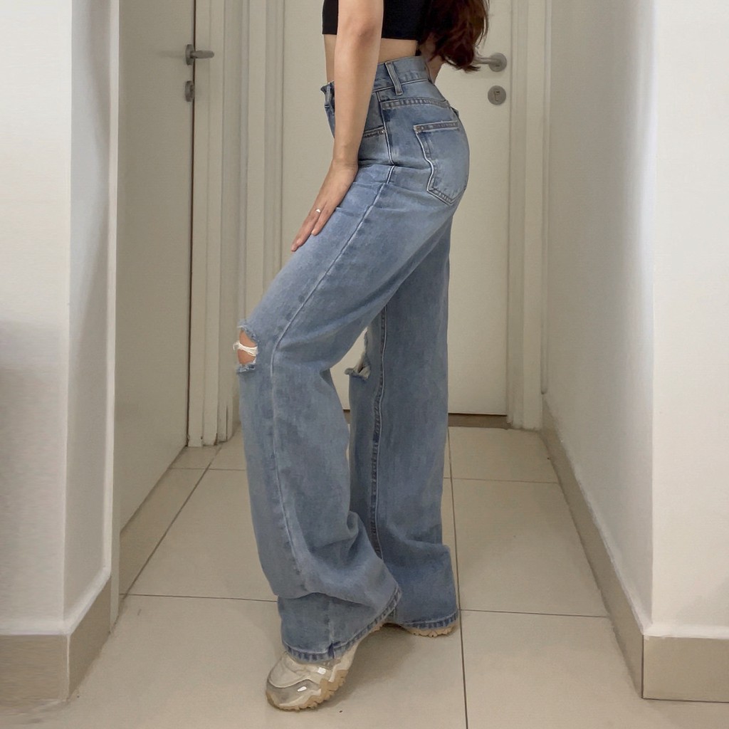 TATICHU - Quần jean suông, ống rộng, rách gối - Knee Rip Blue Jeans
