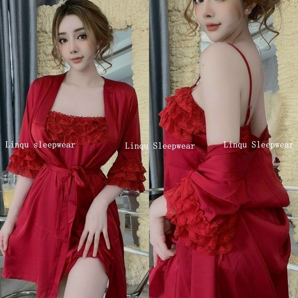 Váy Ngủ Sexy Kèm Áo Choàng Satin Phối Ren mềm mịn Freesize dưới 60kg - Linqu Sleepwear
