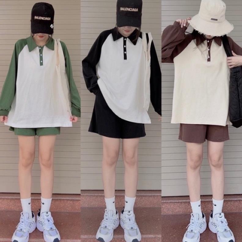 Set Polo Nữ Form Rộng Phối Raplang , Bộ Thể Thao Tay Dài Áo Cổ Đức Tay Dài Kèm Quần Short Năng Động