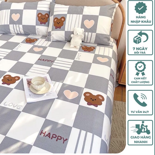 Bộ ga giường và vỏ gối cotton 100%, ga gối cotton thoáng mát thấm hút mồ hôi tốt miễn phí bo chun -SHOP VU THI THOM