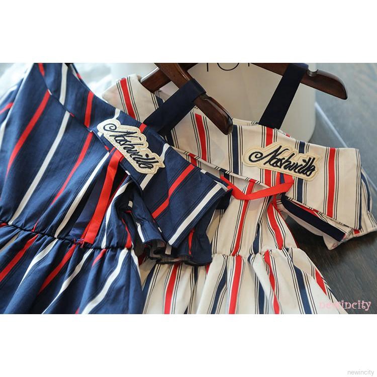 Đầm Tay Ngắn Kẻ Sọc Thêu Chữ Thời Trang Cho Bé Gái
