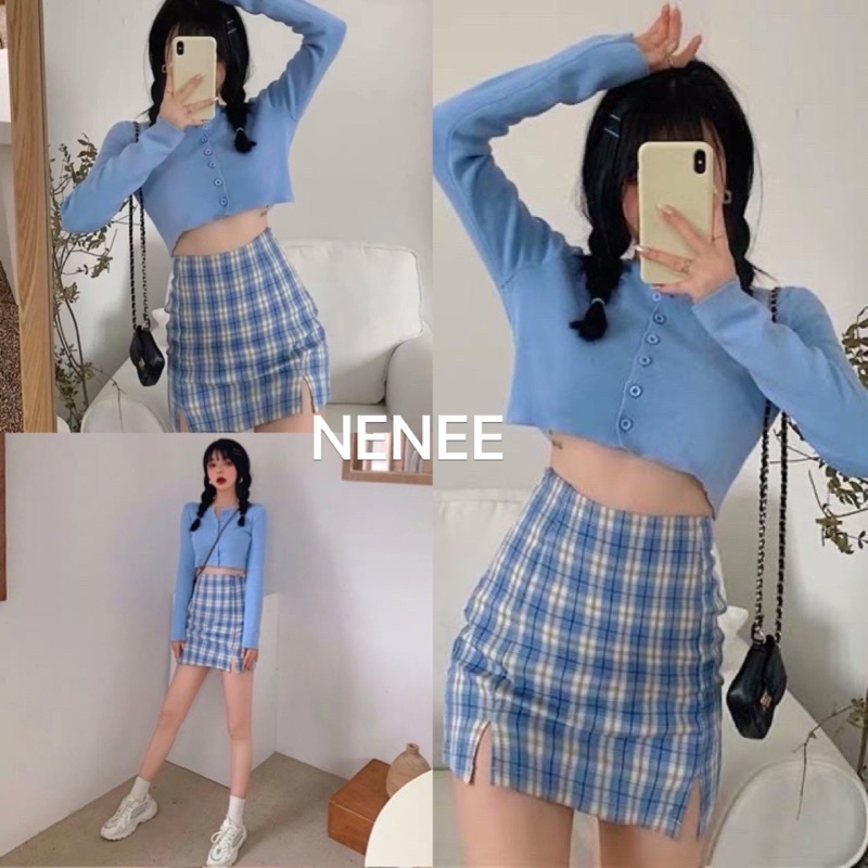 Sét chân váy kẻ caro kèm áo croptop ❤️sét áo váy xanh dương❤️ thời trang ulzzang, NENE