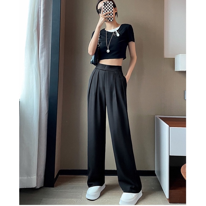 Quần tây ống rộng nữ cạp Dán lưng cao dáng dài chất vải màu đen dày dặn Quần tây nữ lưng cao đi học ống suông rộng đứng