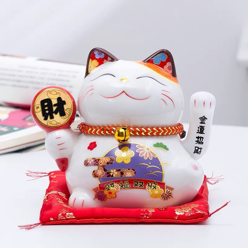 Mèo Thần Tài Sứ , Mèo May Mắn Maneki Neko vẫy tay cao 14cm Vẩy Tay Gọi Khách BÁT PHƯƠNG KHAI TÀI