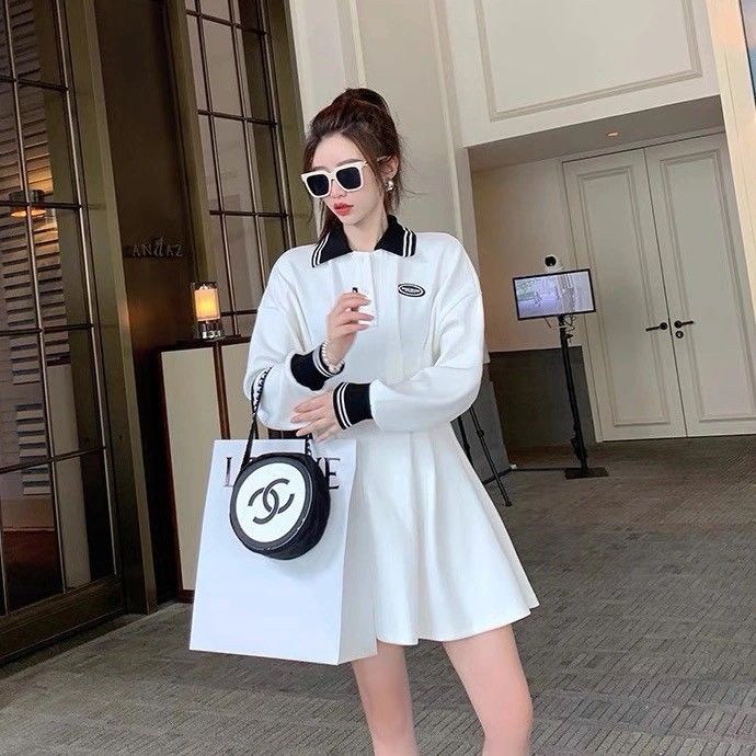 Đầm tay dài cổ POLO màu trơn thời trang mùa thu mới 2021 cho nữ