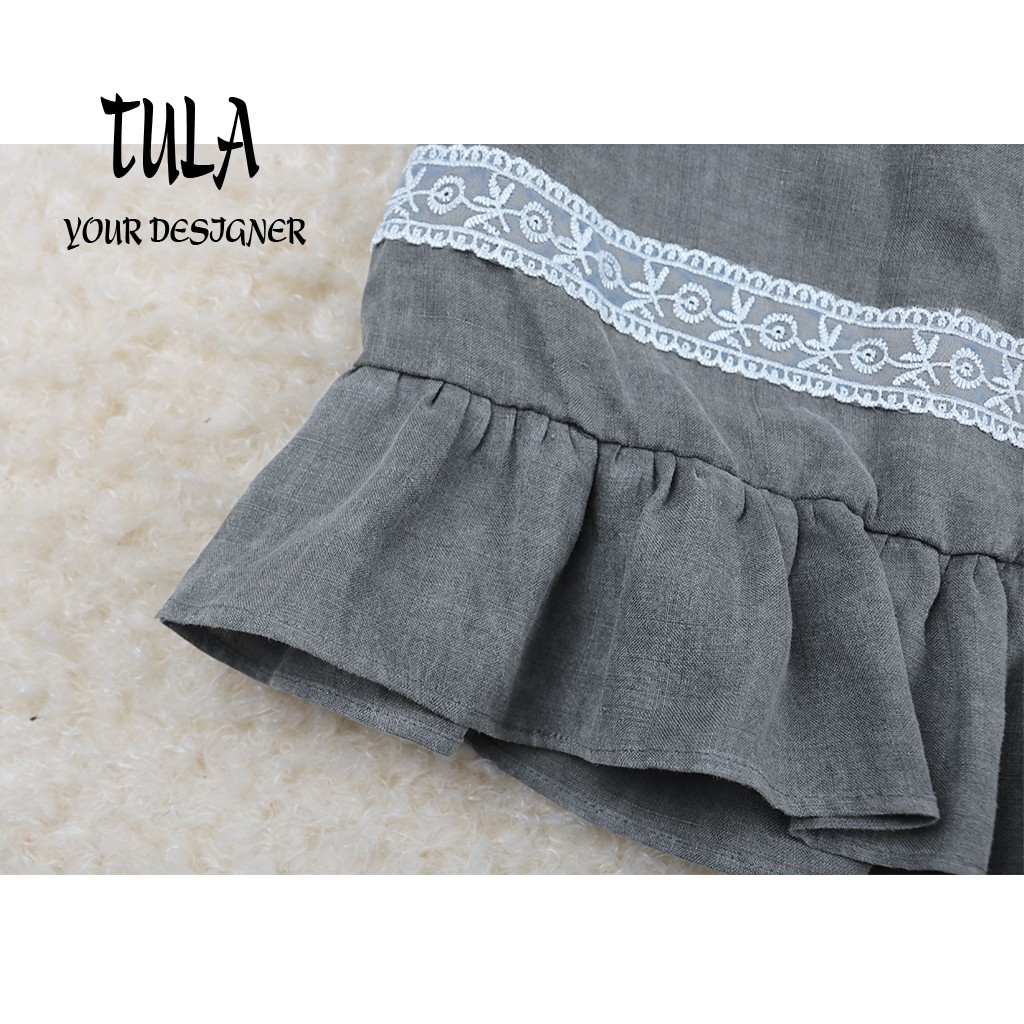 Váy Đầm Cho Bé Gái Vải Linen Hàn Quốc Ghi Đậm Phối Ren Chân Váy