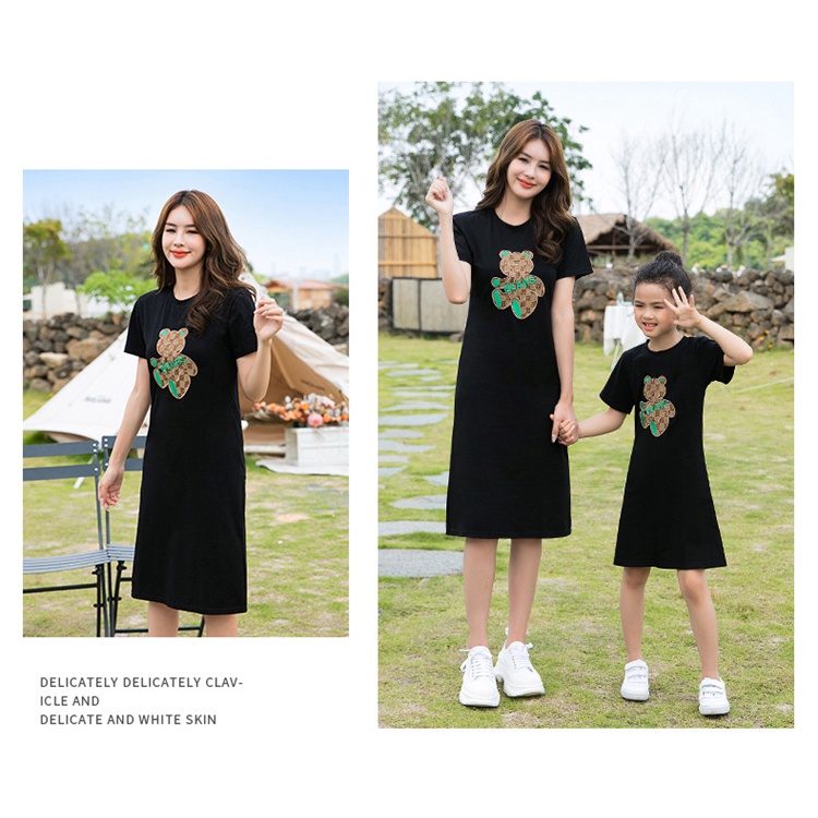 Áo gia đình Familylove - Mẫu Áo Đầm Váy và Quần cho gia đình Gấu Bear dễ thương chất liệu cotton 100% co giãn màu Đen