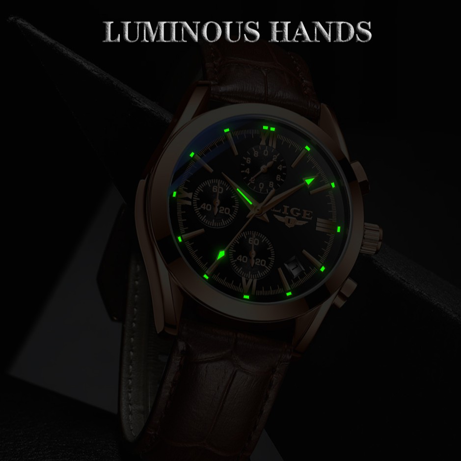 LIGE Đồng hồ đeo tay nam Thời trang Casual Analog Quartz Không thấm nước Chronograph dạ quang Da thể thao Đồng hồ đeo tay