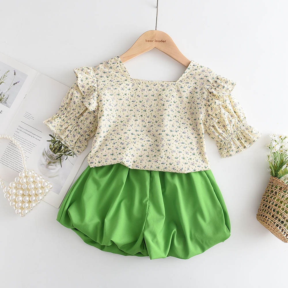 BEAR LEADER Set Áo Thun Tay Ngắn &amp; Quần Short In Hoa Mẫu Mới 2023 Thời Trang Mùa Hè Cho Bé Gái 2-7 Tuổi