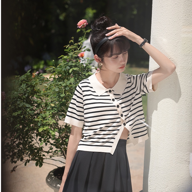 Áo Cardigan Dệt Kim Tay Ngắn Kẻ Sọc Thiết Kế Xẻ Tà Cá Tính