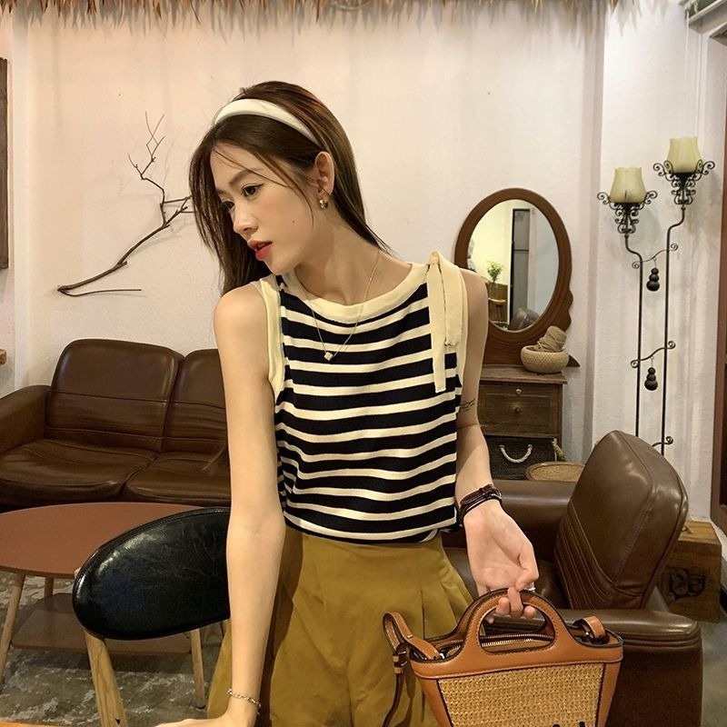 Áo Dệt Kim Sát Nách Kẻ Sọc Đính Nơ Thời Trang Mùa Hè Cho Nữ