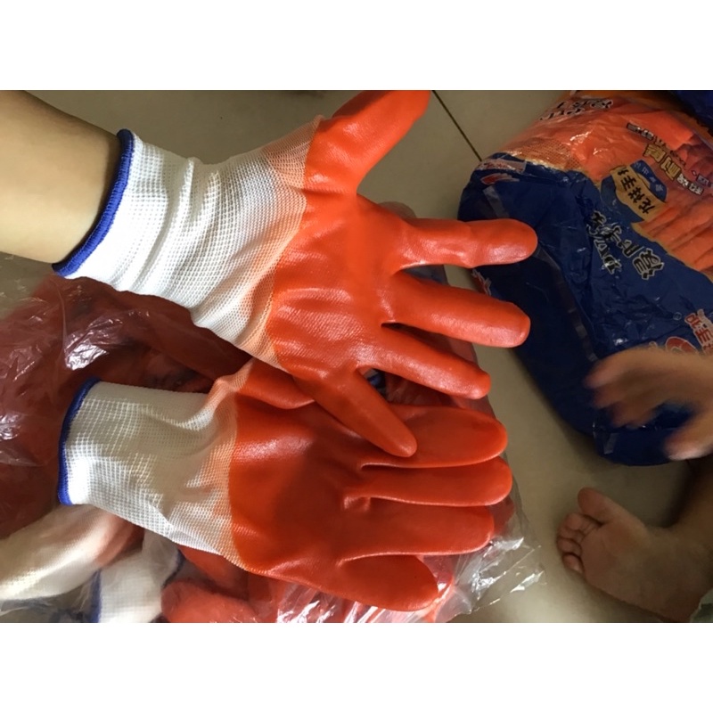 Gang tay bảo hộ lao động, gang tay sơn màu cam loại dày
