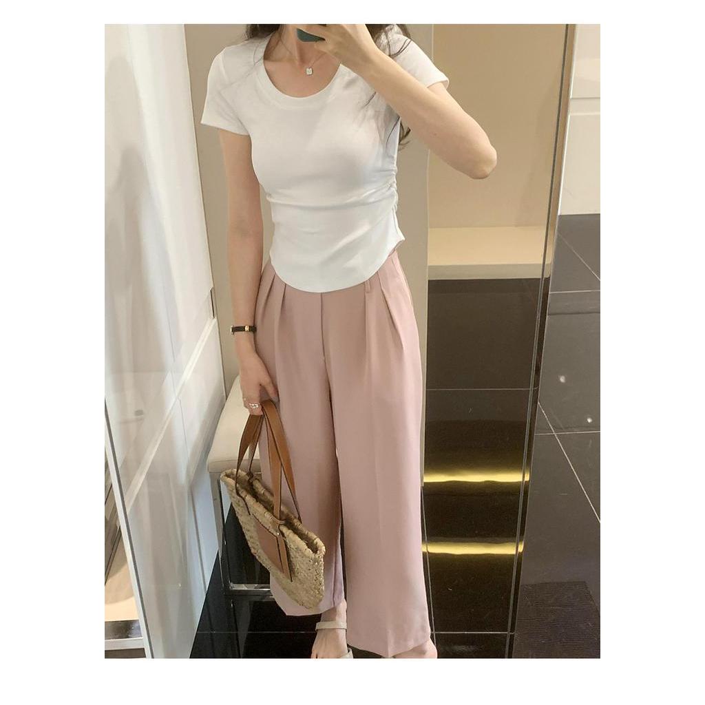 Áo Thun Tay Ngắn Cổ Chữ U Xếp Ly Ôm Dáng Thoải Mái Thời Trang Cho Nữ 63625