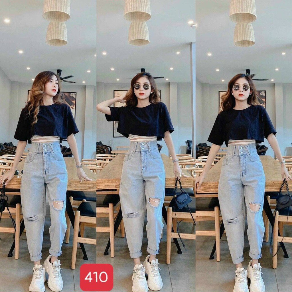 Quần baggy jean lưng cao chất vải jean dày dặn đai chữX 1 bên