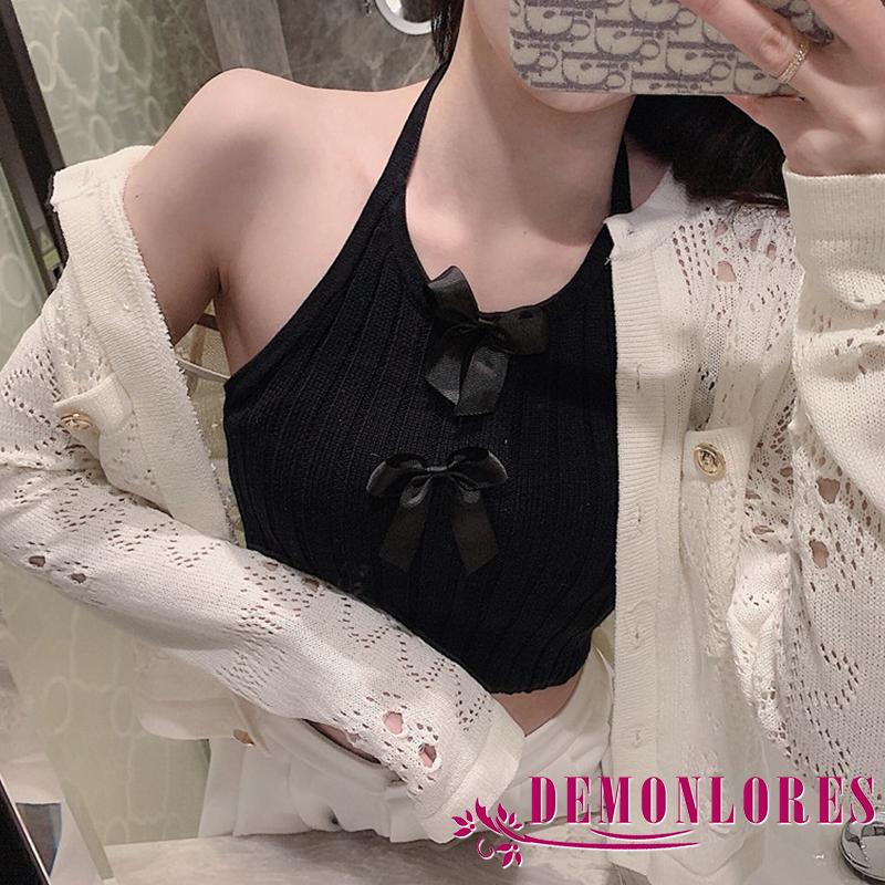 Áo Croptop Dệt Kim Không Tay Hở Lưng Thắt Nơ Thời Trang Mùa Hè Cho Nữ