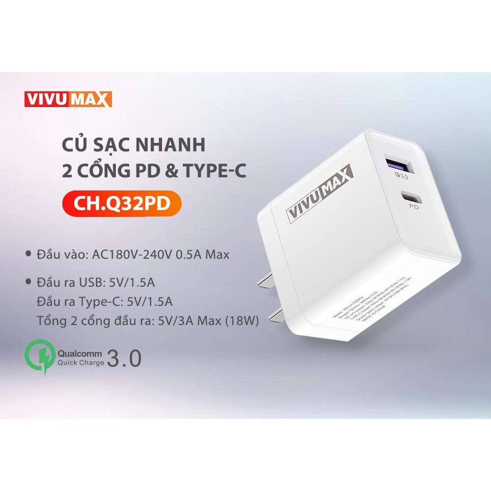 Củ sạc nhanh cao cấp VivuMax Q32PD - sạc nhanh công nghệ Qualcomm chuẩn QC 3.0 tiêu chuẩn Châu Âu