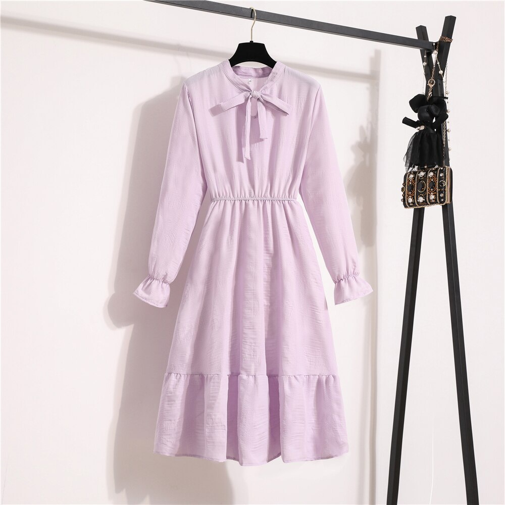 Women Long Sleeve Chiffon Dresses Autumn Solid Bow Neck Elastic Waist Long Dress Female Flare Sleeve A-Line Dress