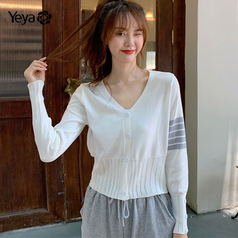 Áo dệt kim YEYA mỏng tay dài cổ chữ V kẻ sọc thời trang Hàn Quốc mới cho nữ