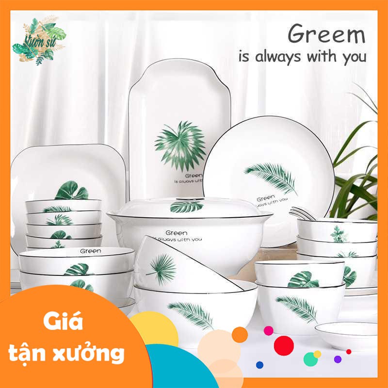 Bộ bát đĩa sứ 18 thứ họa tiết green hoa văn lá xanh - VS20