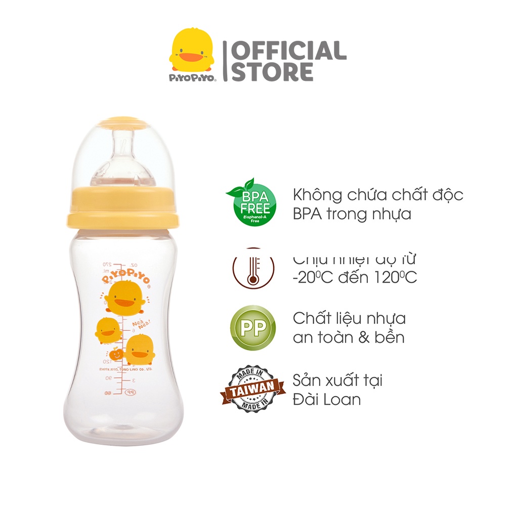 Bình sữa cổ rộng Piyo Piyo 270ml thân bình cong dễ cầm, nhựa PP không chứa BPA