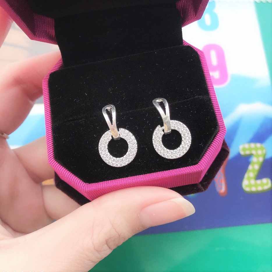 Bông tai bạc hình tròn to đính đá, chất liệu bạc ta sang trọng - Trang sức bạc Evasilver