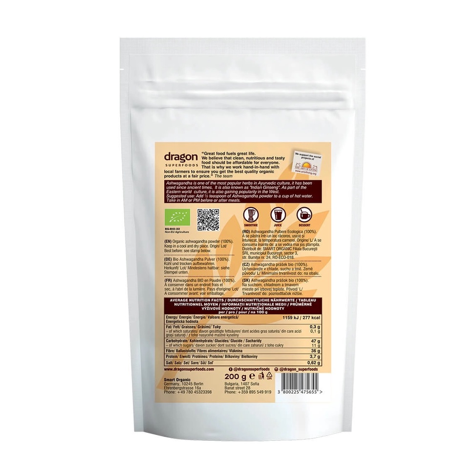 Bột nhân sâm Ấn Độ Ashwagandha hữu cơ Dragon superfoods 200g