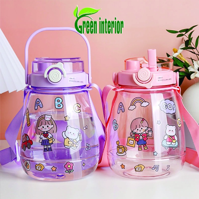Bình giữ nhiệt Greeninterior có dung tích lớn 1300ml kèm dây đeo, cốc nhựa cao cấp tiện lợi Màu Hồng Trong Suốt