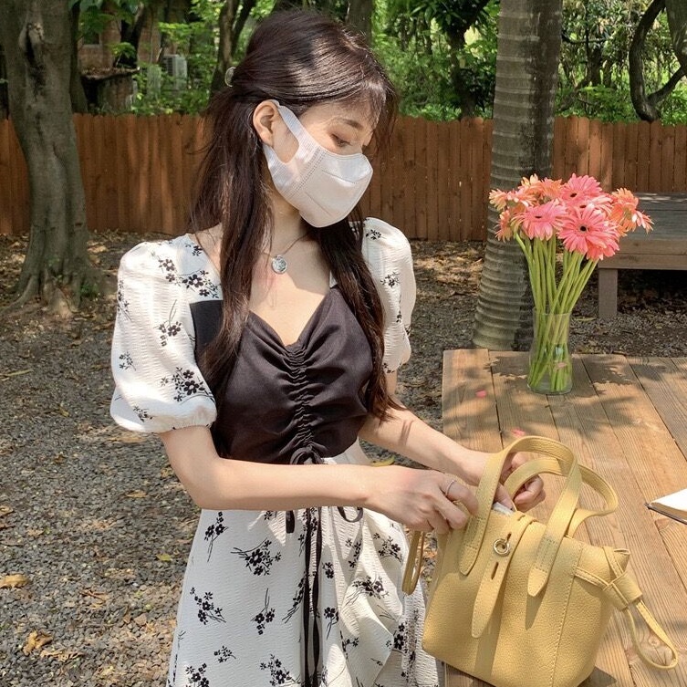 Đầm hoa PERTY cổ vuông dáng chữ A phong cách Hàn Quốc thời trang cho nữ