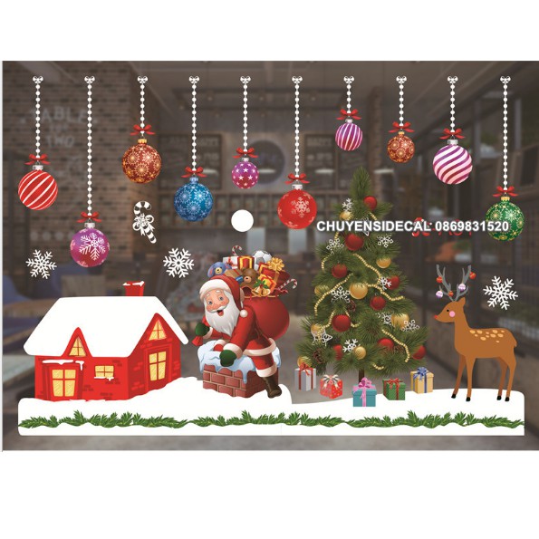 Decal Trang Trí Noel Hai Mặt Hít Tĩnh Điện Không Dơ Kính- Nhà Đỏ Phủ Tuyết