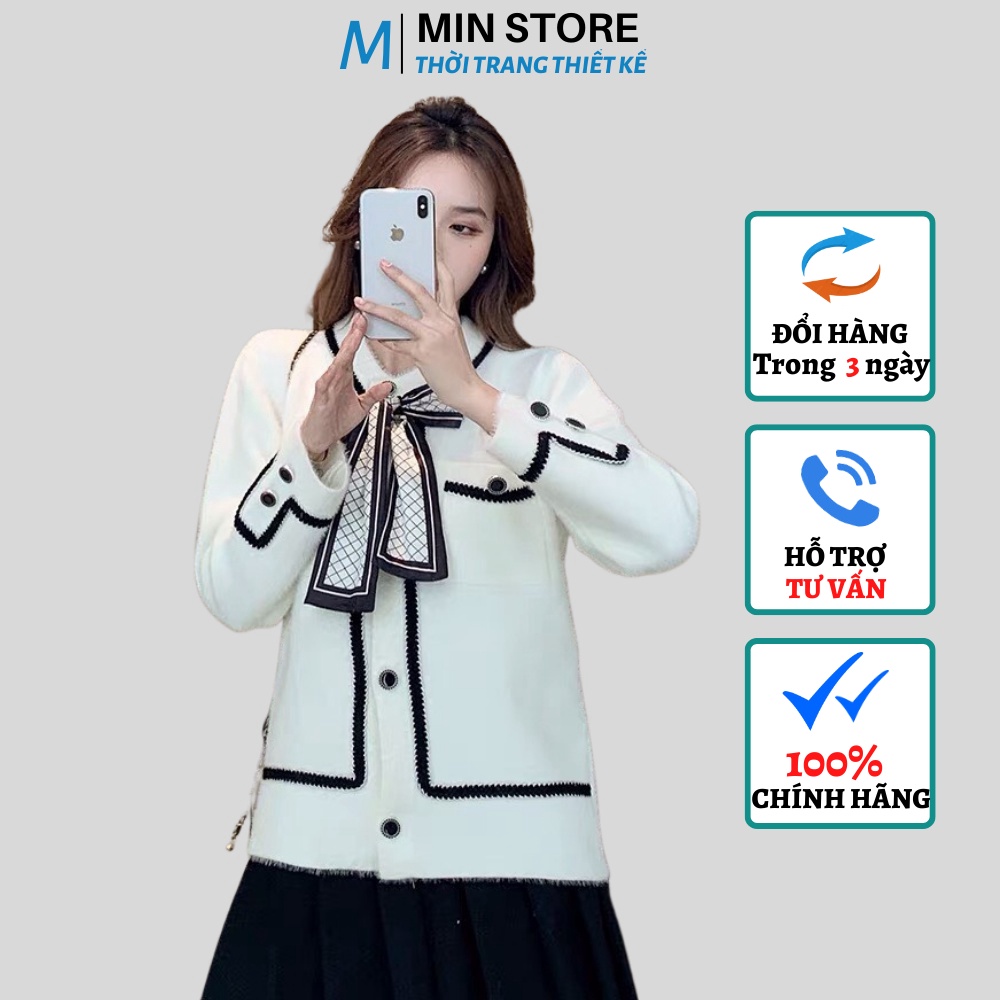 Áo Khoác Cardigan Len Lông Thỏ ulzzang Hàn Quốc Công Sở Cổ Nơ Phối Viền Siêu Hot