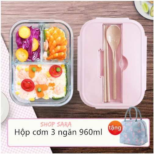 Hộp Cơm Thủy Tinh 3 Ngăn Cao Cấp 00873 Tặng Kèm Túi + đũa thìa