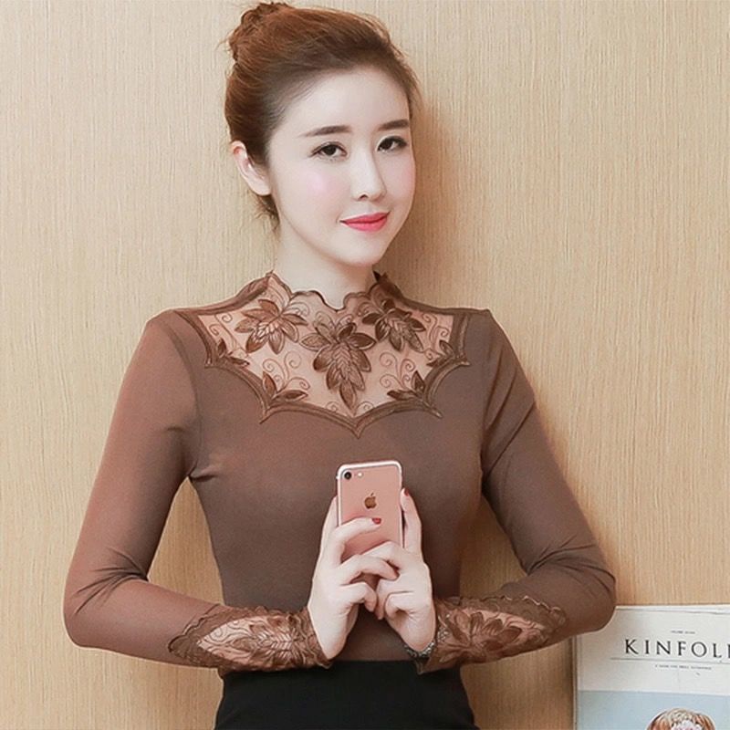 Áo kiểu tay dài phối ren phong cách Hàn Quốc 2021 thời trang thu đông dành cho nữ