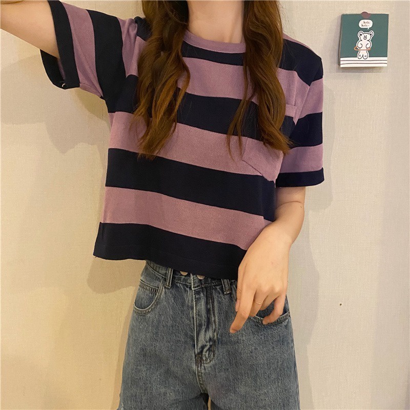 Áo thun dệt kim ZHELIHANGFEI ngắn tay họa tiết kẻ sọc trẻ trung cá tính