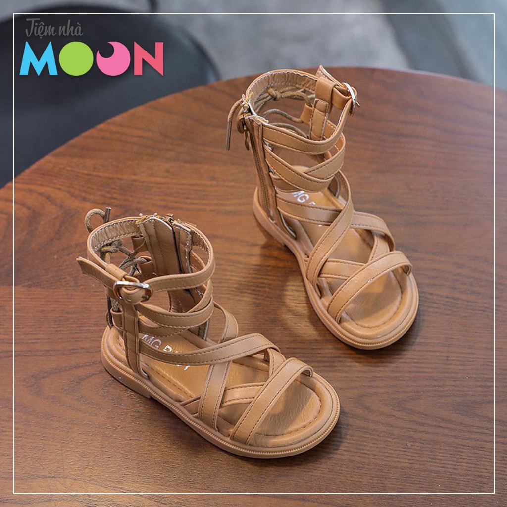 Giày sandal chiến binh bé gái cổ cao, dây đan chéo, khoá sườn, da PU siêu mềm - TIỆM NHÀ MOON