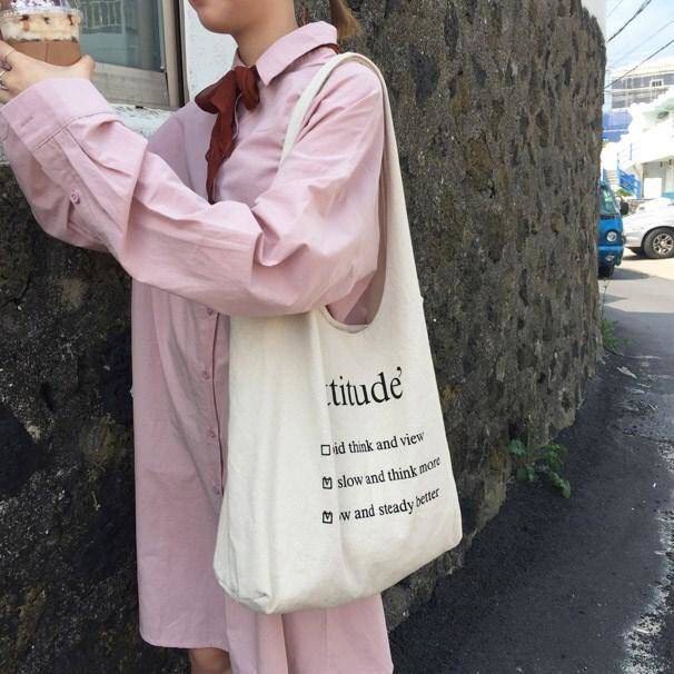 Túi Tote Canvas thời tang kiểu mới chữ Atittude cho nữ kiểu mới vừa A4