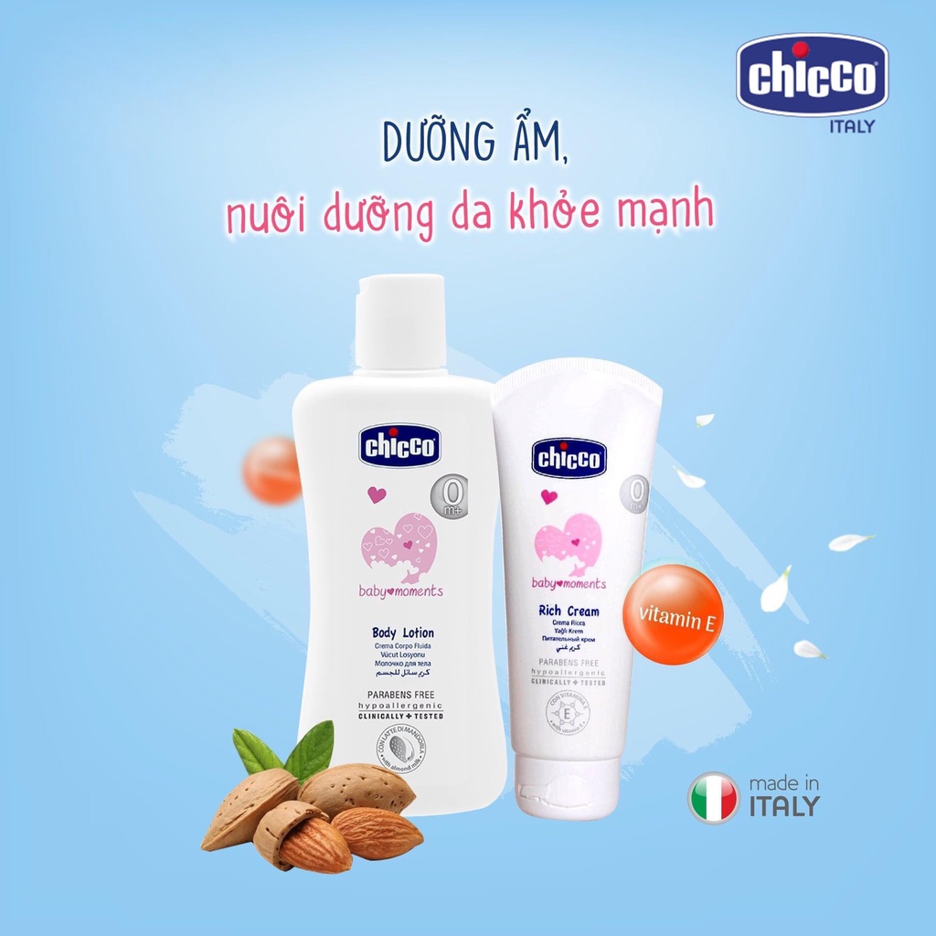 Sữa tắm dưỡng da,kem, sữa dưỡng Chicco thể chiết xuất hạnh nhân giúp mềm mịn và cấp ẩm cho da bé  0m+ nhập khẩu từ Ý