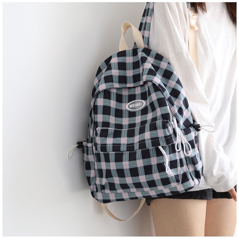 Balo kẻ caro gam màu ulzzang xinh xắn ba lô học cặp sách nữ hàn quốc túi đeo khoá kéo đựng vừa laptop cỡ to
