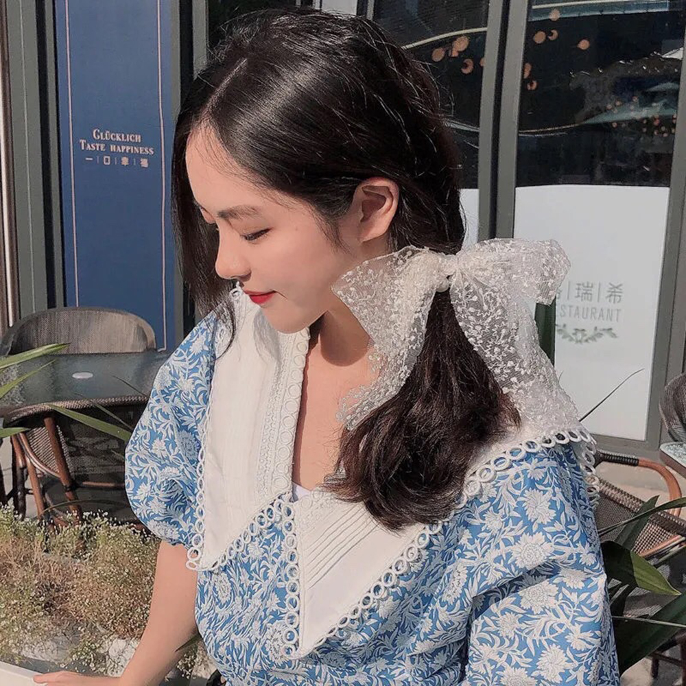 Dây Buộc Tóc Vải Ren Thắt Nơ Đính Hạt Ngọc Trai Nhân Tạo Phong Cách Hàn Quốc Cho Nữ Nhẹ Nhàng