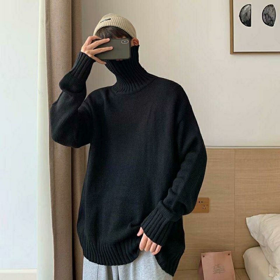 Áo sweater cổ cao dáng rộng màu sắc trơn thời trang thu đông cho nam giới 2021
