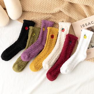 Vớ Lông Cừu San Hô Dày Giữ Ấm Màu Sắc Trơn Phong Cách Nhật Bản