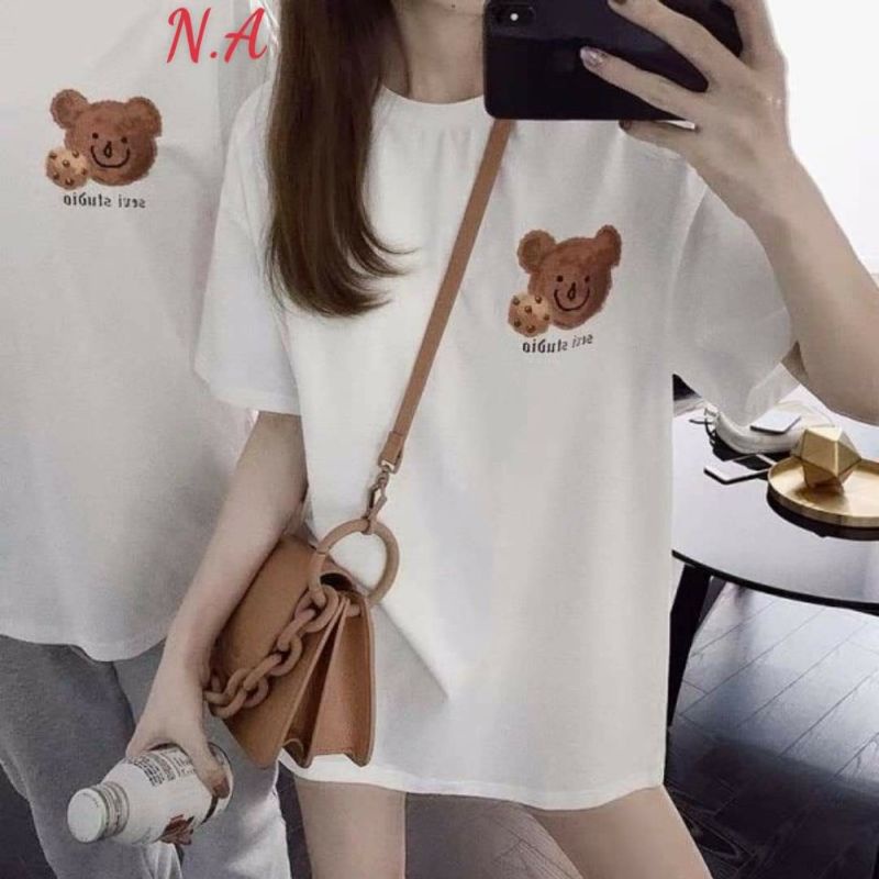Áo phông tay lỡ nam nữ unisex form rộng Gấu AD ăn bánh in tim ullzang vải cotton mịn giá rẻ mặc đơn đôi nhóm