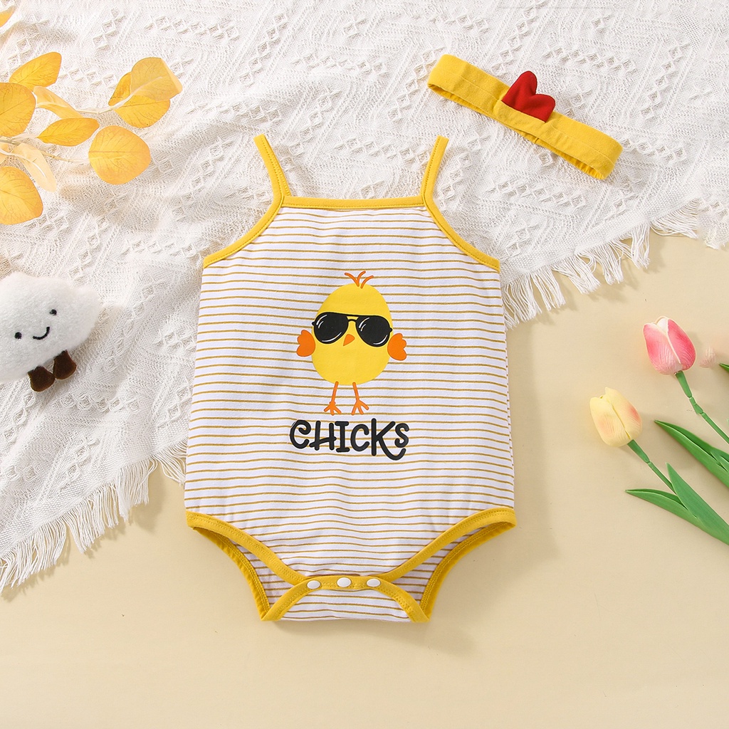 Áo liền quần BCBL ngắn tay in hình gà nhjỏ dễ thương kèm băng đô cho bé